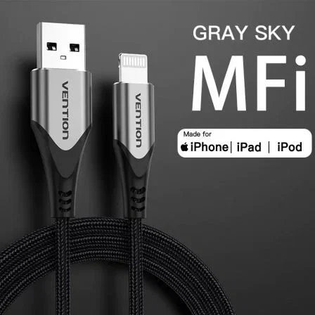 Vention - Cable USB 2.0 a Lightning, Conector Macho USB a Macho Lightning, Longitud 2 Metros, Color Gris Vention - Cable USB 2.0 a Lightning, Conector Macho USB a Macho Lightning, Longitud 2 Metros, Color Gris